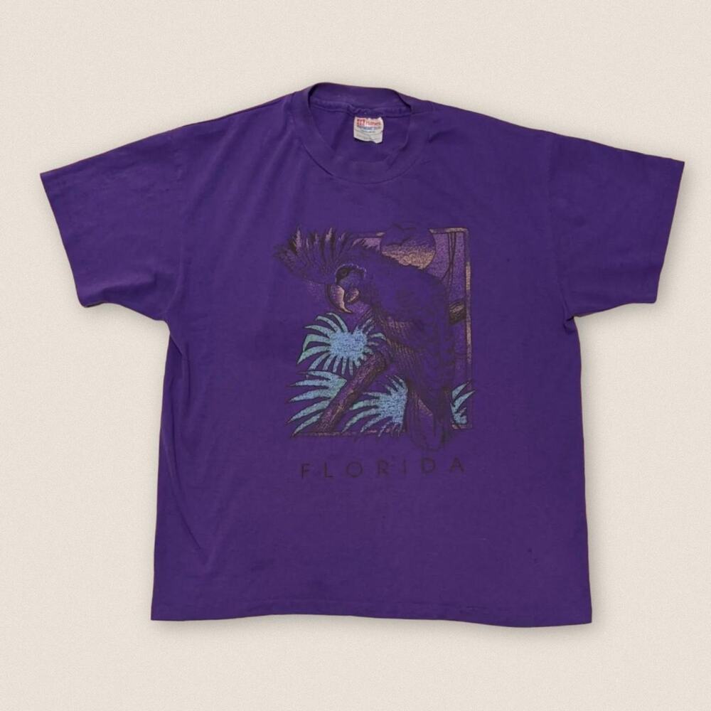 Vintage Florida Cockatoo‎ Bird Sunset Palm Trees Purple Tee Size Large